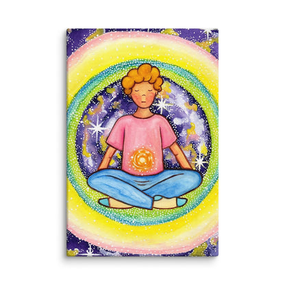 Young man meditating with his solar plexus glowing canvas. Surrounding him is his colorful aura. This is a print of the original hand-painted watercolor by artist Thaís Suizo for the LET'S MEDITATE SERIES of mediation guides.