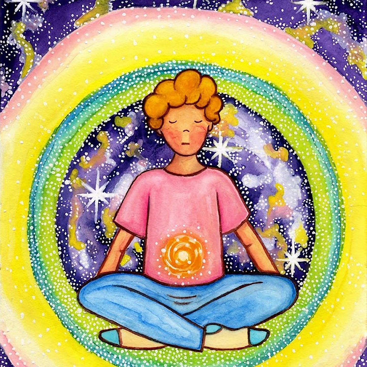 Canvas of a young man meditating with his solar plexus glowing. Surrounding him is his colorful aura.  This is a thumbnail of the original hand-painted watercolor by Brazilian artist Thaís Suizo for the LET'S MEDITATE SERIES of mediation guides.