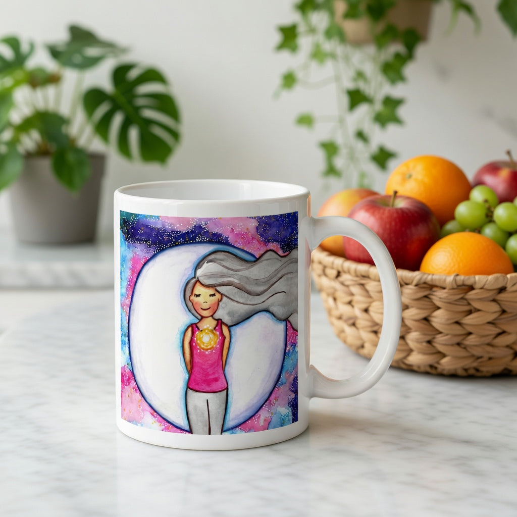 Meditating person with glowing heart chakra at center of chest, symbolizing love, compassion and emotional balance, spiritual design on a mindfulness coffee mug. Behind the mug is a basket of fruit and a variety of green potted plants.