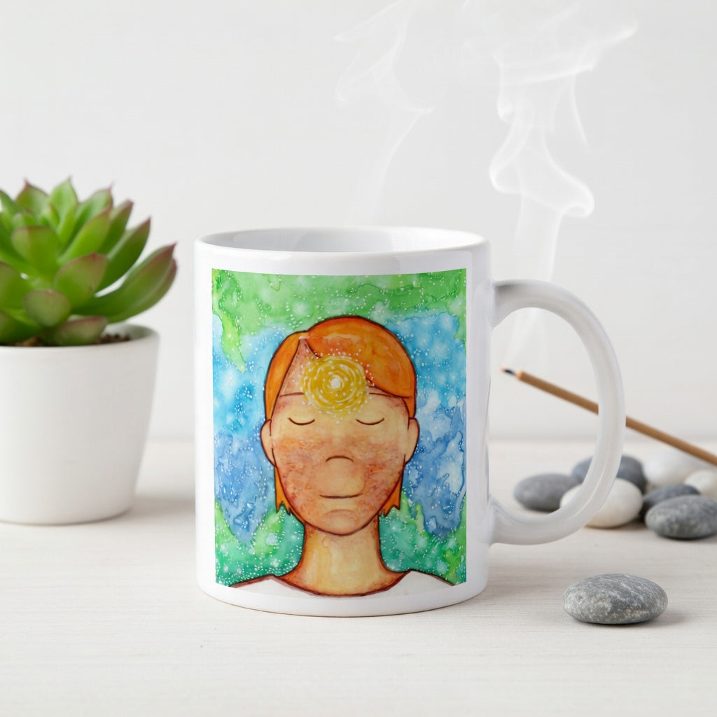 Man meditating with glowing third eye chakra on forehead, symbolizing intuition, awareness and inner vision, spiritual chakra artwork on a meditation themed coffee mug.  Beside the mug are meditation stones. Behind the mug incense and candles are burning.