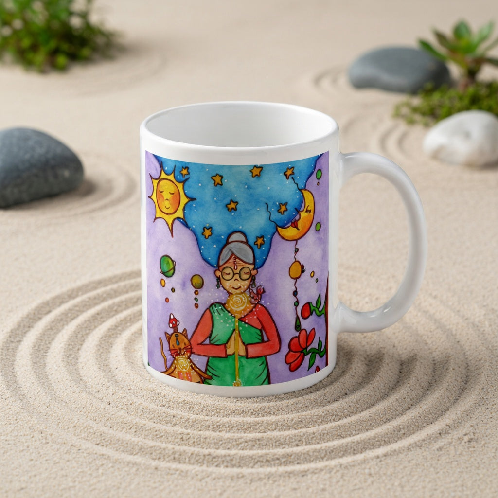 Woman and her cat meditating under sun and moon, peaceful scene representing harmony, balance and connection, spiritual coffee mug design. The mug is in a beautifully raked zen garden with bushes and plants behind it.