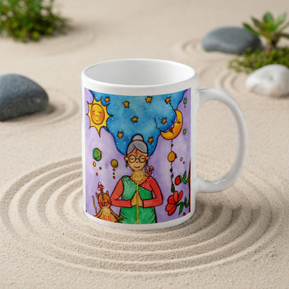 Woman and her cat meditating under sun and moon, peaceful scene representing harmony, balance and connection, spiritual coffee mug design. The mug is in a beautifully raked zen garden with bushes and plants behind it.