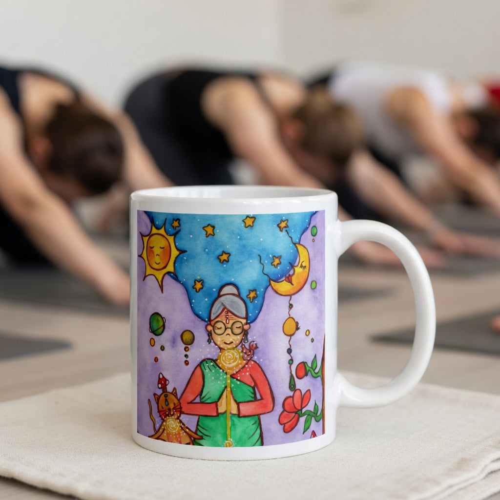 Woman and her cat meditating under sun and moon, peaceful scene representing harmony, balance and connection, spiritual coffee mug design.  The mug is in front of a yoga class doing the downward facing dog posture.