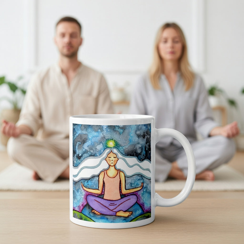 Meditating figure with glowing crown chakra at top of head, symbolizing higher consciousness and spiritual connection, chakra artwork featured on a mindfulness mug.  A large mug is at the bottom front displaying the design. There is a couple meditating in the background.