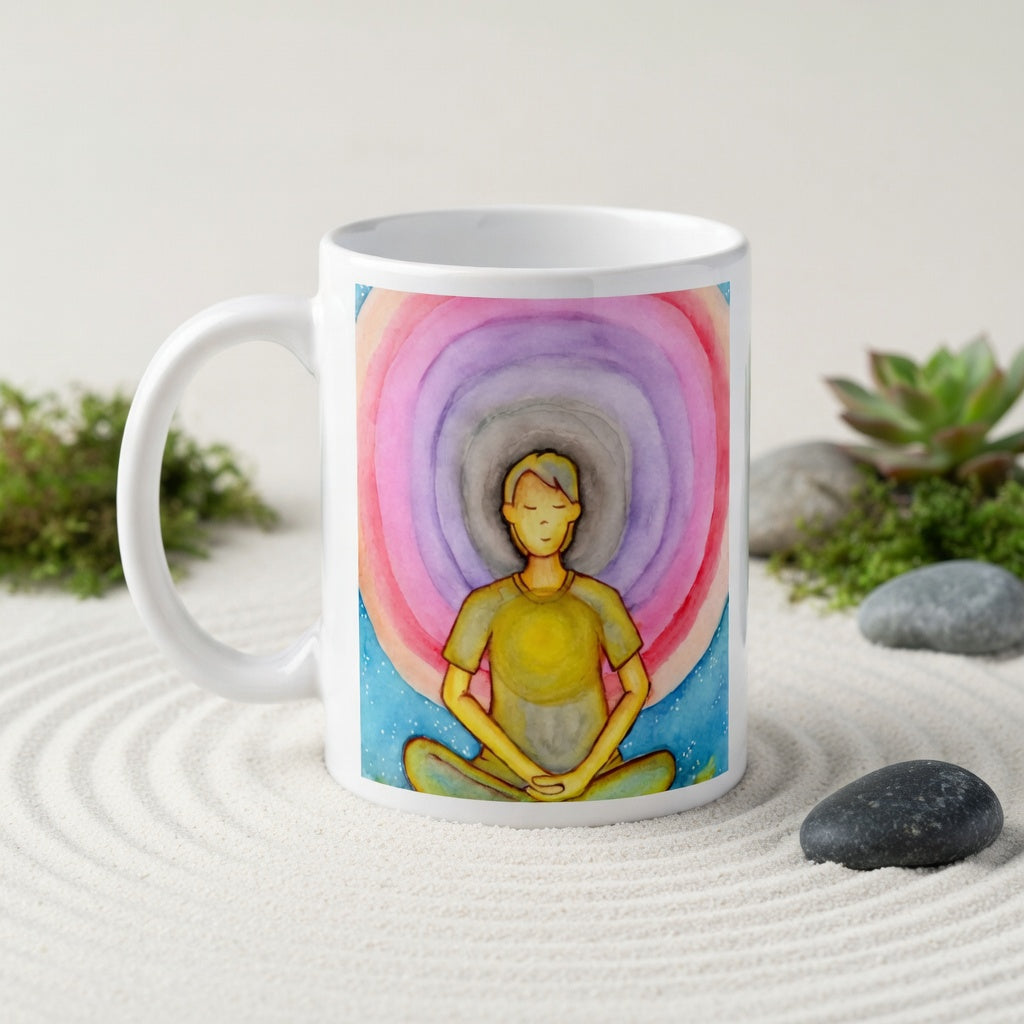 Young man surrounded by vibrant multi-colored aura, representing energy fields and spiritual awareness, colorful meditation artwork printed on a coffee mug.  The mug is in a beautifully raked zen garden with bushes and plants behind it.